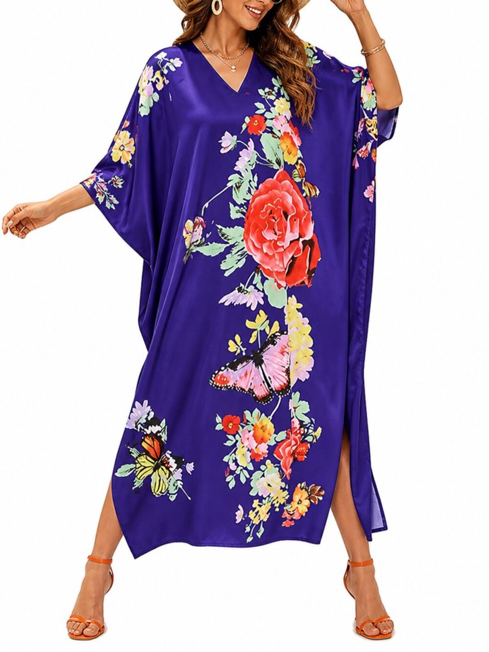 Gypsie Blu Women Floral Printed Caftan Dress Plus Size Maxi Moo Moos Dresses